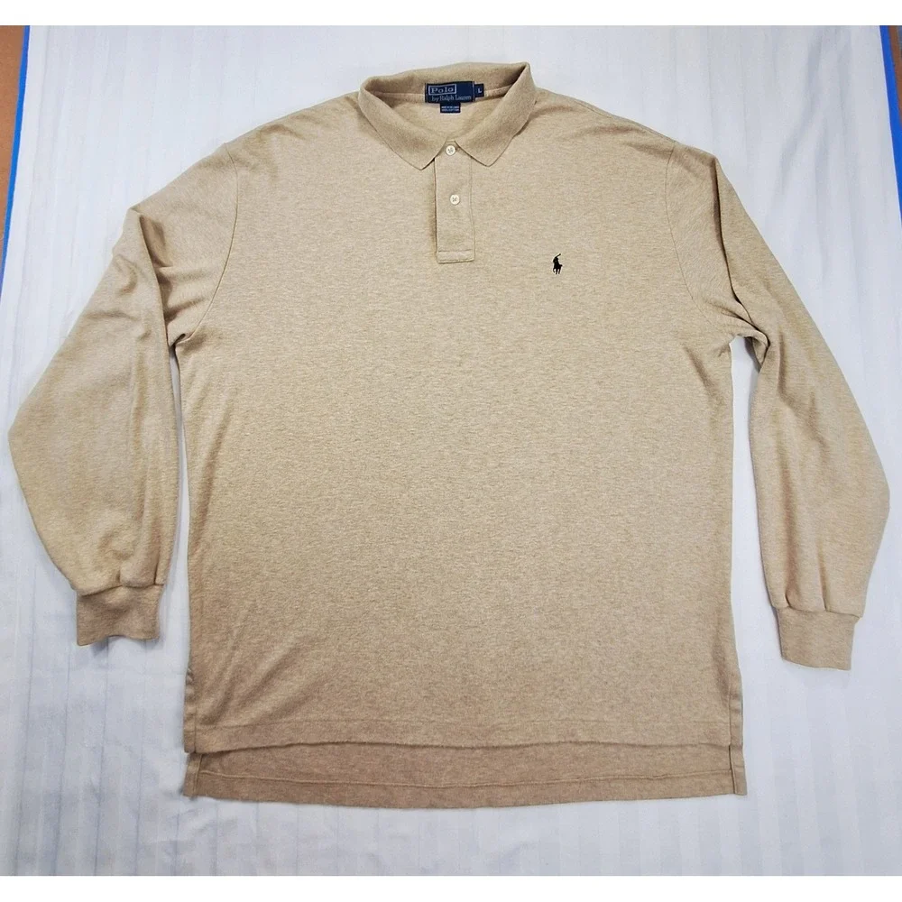 Polo Ralph Lauren Mens Large Tan Long‎ Sleeve Cotton Polo Shirt Heathered Logo
